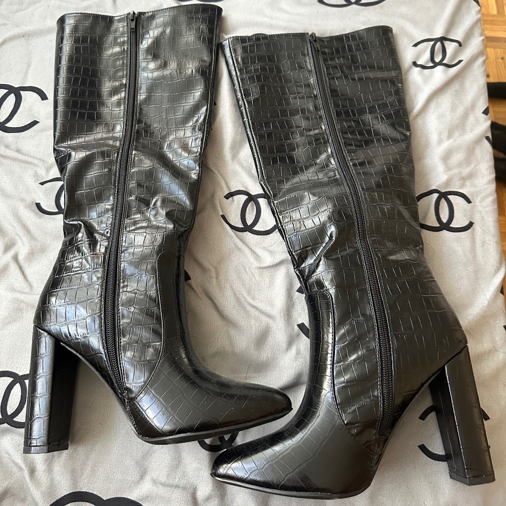 crocodile print knee high boots